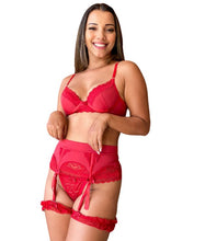 Carregar imagem no visualizador da galeria, CONJUNTO EM MICROFIBRA E RENDA ACOMPANHA CINTA LIGA - DÁLIA